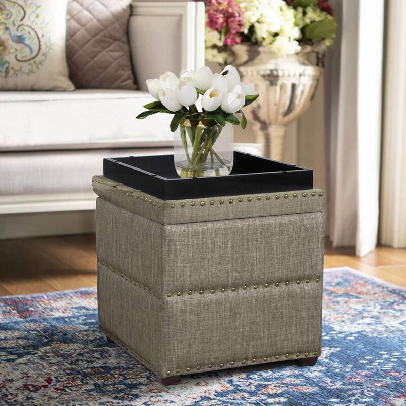 Adeco Fabric Square Ottoman with Tray