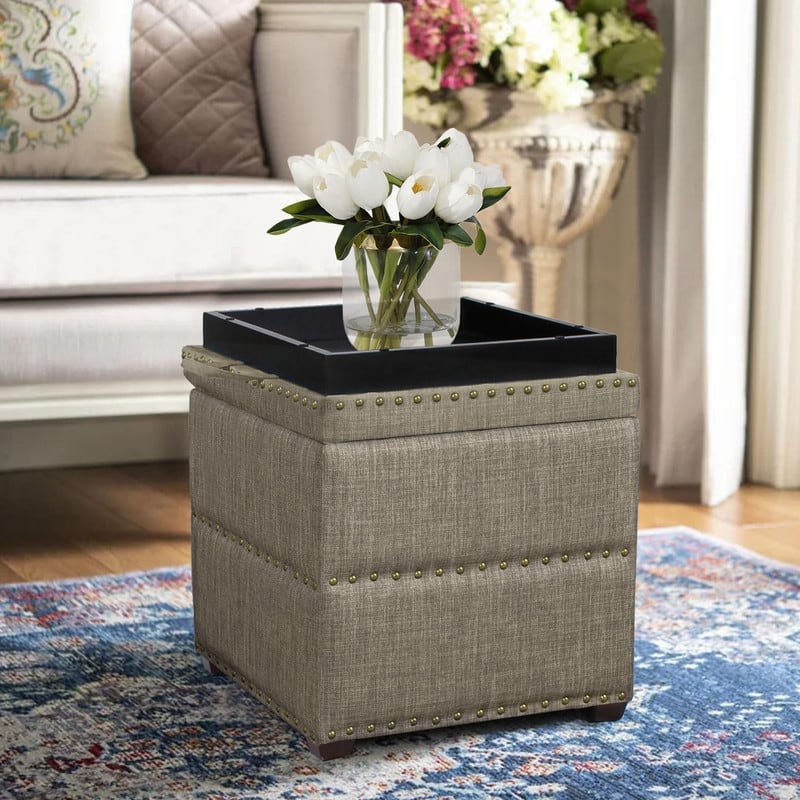 Adeco Fabric Square Storage Ottoman with Tray