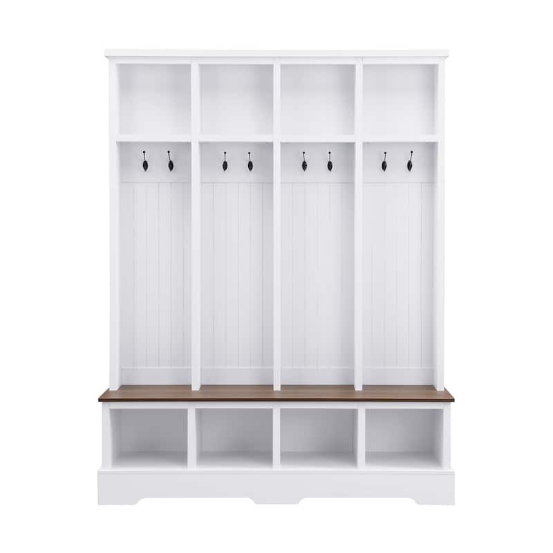 Farmhouse Hall Tree Bench with 8 Hooks & Storage Compartments