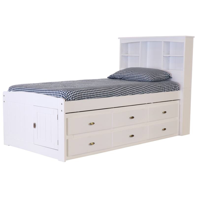 Twin Bookcase Bed with Drawers - Solid Pine Bed - Underbed Storage - Casual White Finish