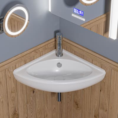 White 22" Corner Wall Mounted Ceramic Sink with Faucet Hole