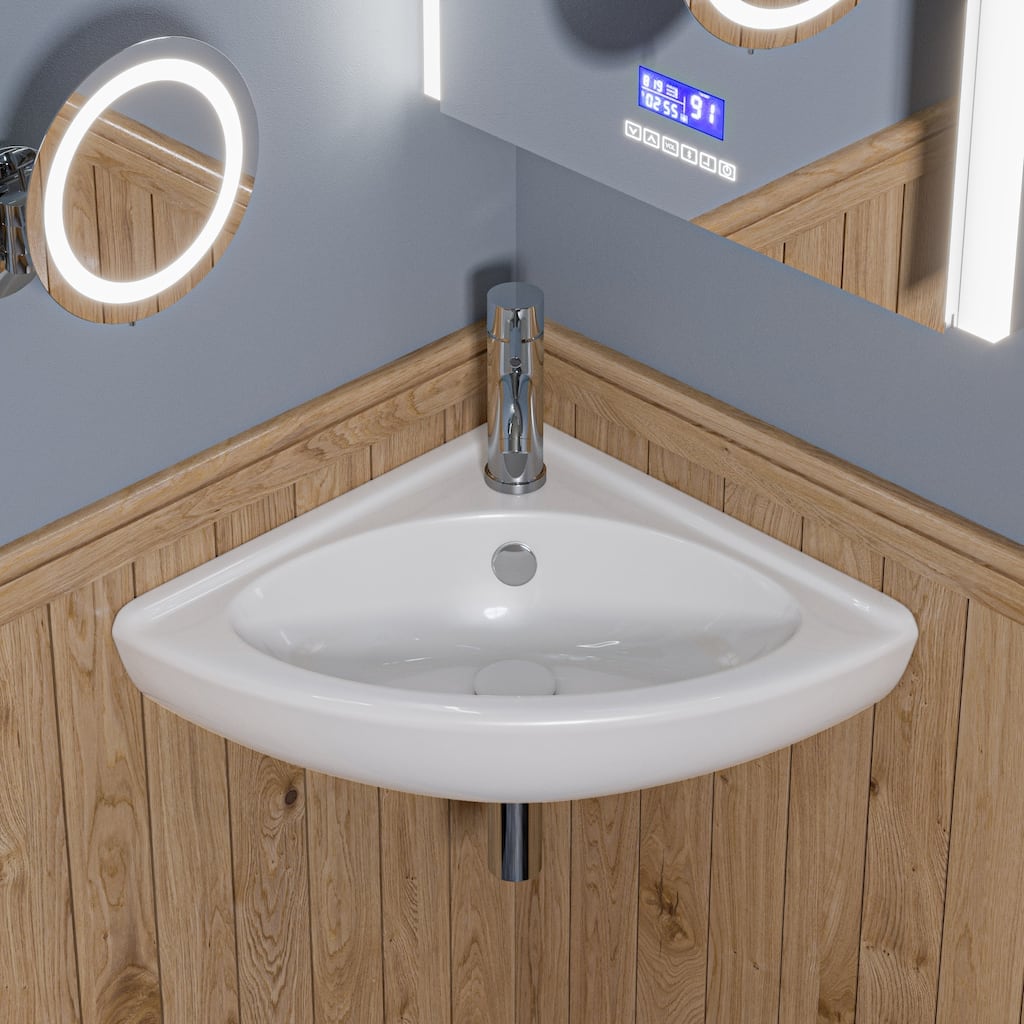 White 22" Corner Wall Mounted Ceramic Sink with Faucet Hole