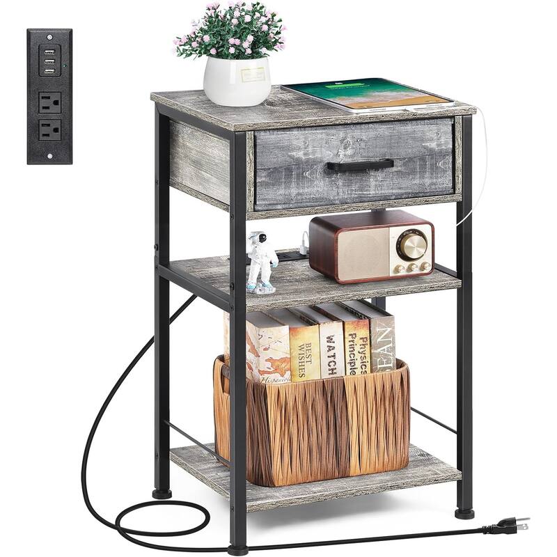 3 Tier Nightstand with Charge Station - Grey