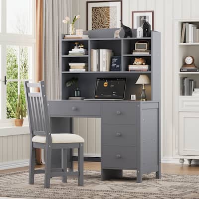 40"Home Executive Desk and Upholstered Chair Set with Bookshelf, Computer Desk with Four Drawers, Storage Shelf, and Chair