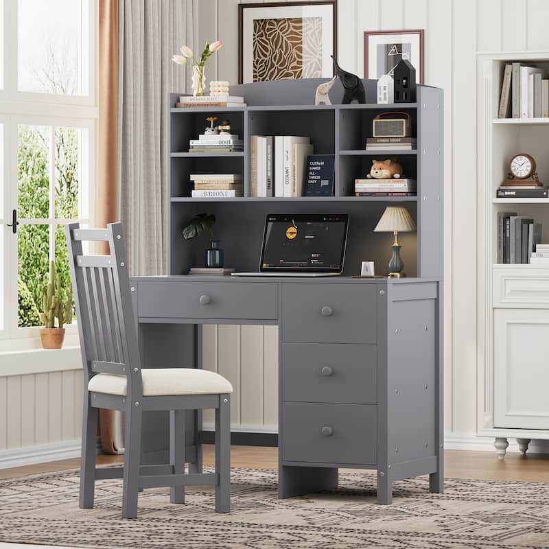 40'' Home Executive Desk and Upholstered Chair Set with Bookshelf, Computer Desk with Four Drawers - Gray