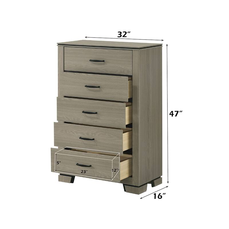 Sleek Gray Five-Drawer Storage Chest, Modern Wooden Bedroom Furniture