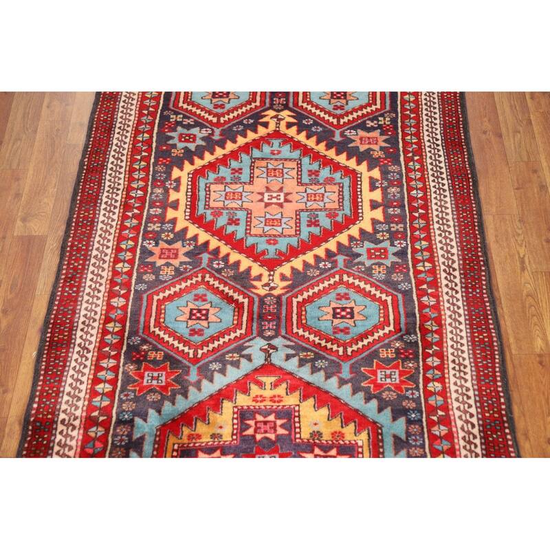 Navy Blue Ardebil Persian Vintage Runner Rug Handmade Wool Carpet - 3'5"x 10'5"