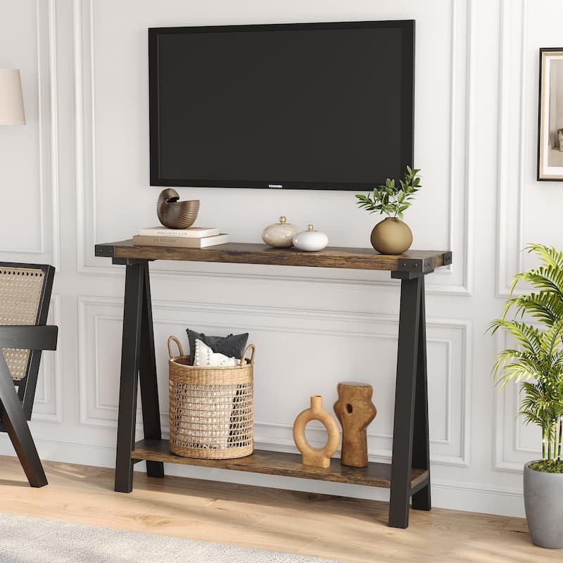 Farmhouse 43.3inch Console Table 2 Tier Sofa Table for Living Room - Brown
