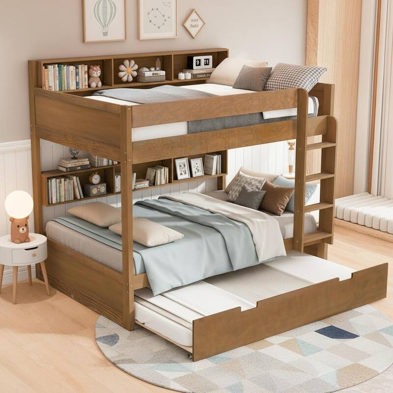 Bunk Bed with Trundle & Dual-Side Storage Shelves by Harper&Bright Designs - Wood - Twin