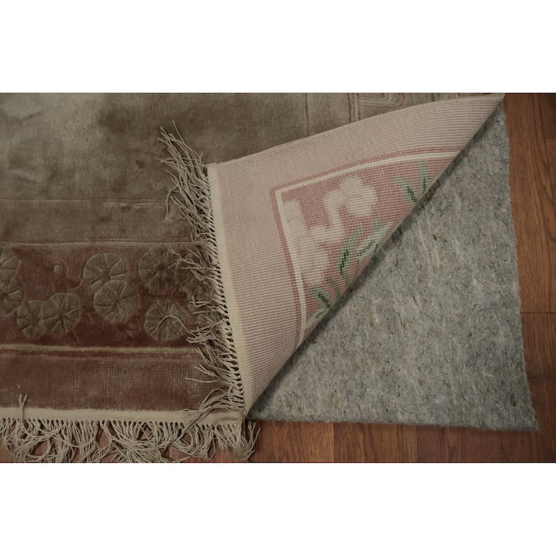 Hand Knotted Oriental Silk Carpet Traditional Pictorial Brown Art Deco Area Rug - 9' 2'' X 6' 0''