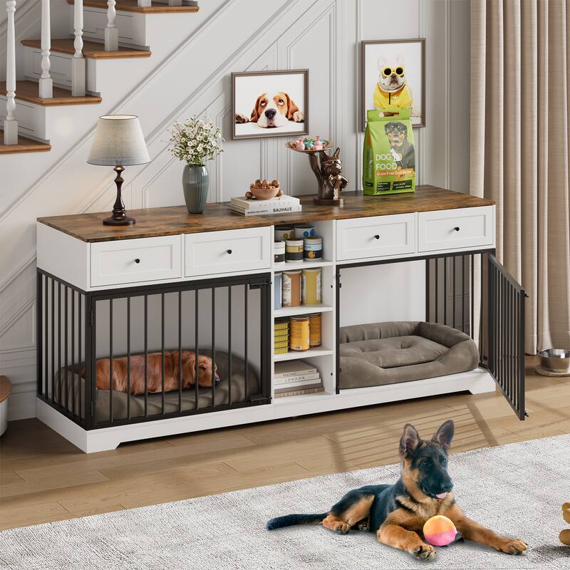 Double Dog Crate Furniture, Large Wooden Dog House with 4 Drawers