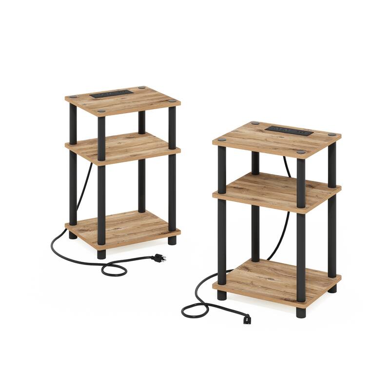 Modern End Table with USB Charger & Storage - 3 Tier Nightstand Set of 2 - Flagstaff Oak/Black - 13.39