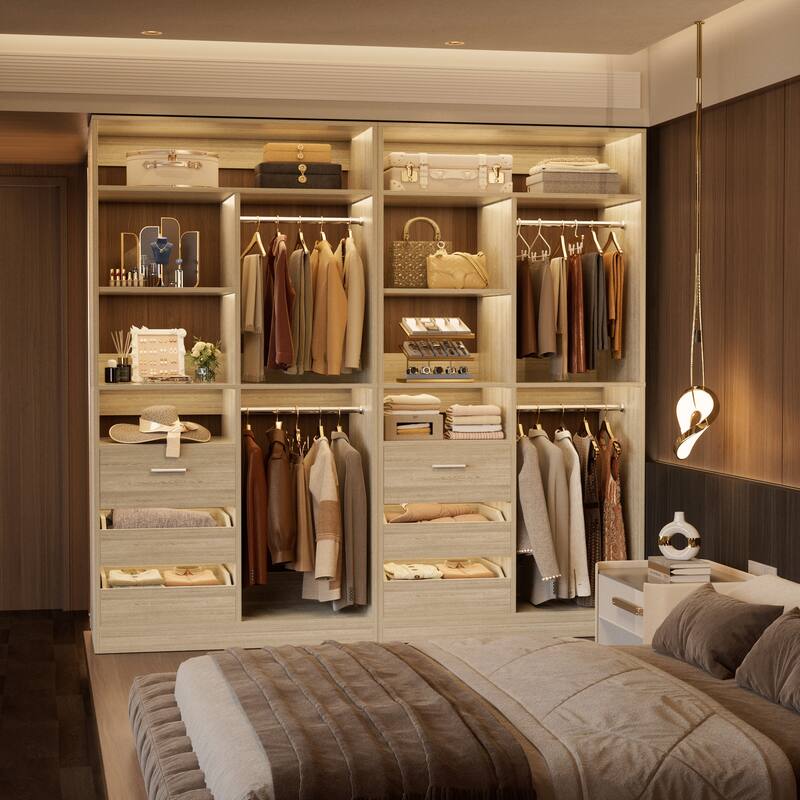 36" Freestanding Closet System With 3 Drawers and 2 Hanging Rods,Multi-Purpose Wardrobe Closet Rack - White Oak