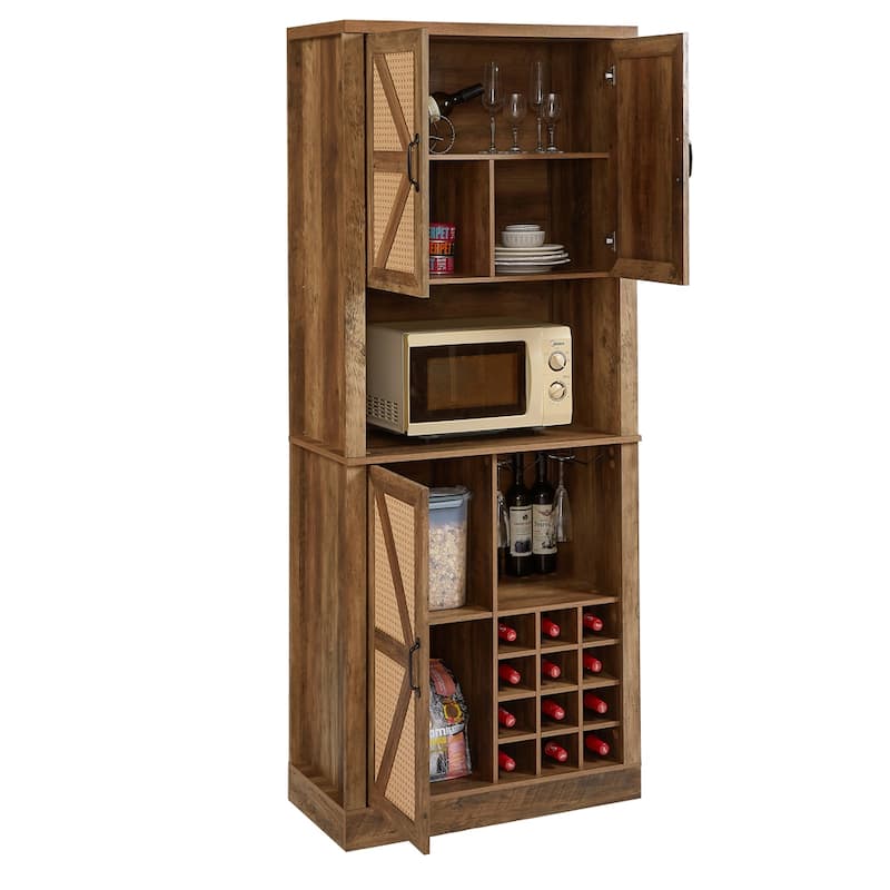 Kitchen Storage Cabinet with Wine Compartments and Microwave Shelves