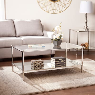 SEI Furniture Pullman Rectangle Mirrored Coffee Table with Glass Top and Shelf