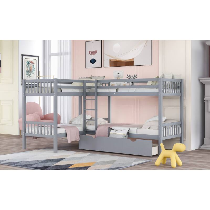 Mission-Style L-Shaped Twin Bunk Bed with Storage Drawers, Durable Pine Wood Frame