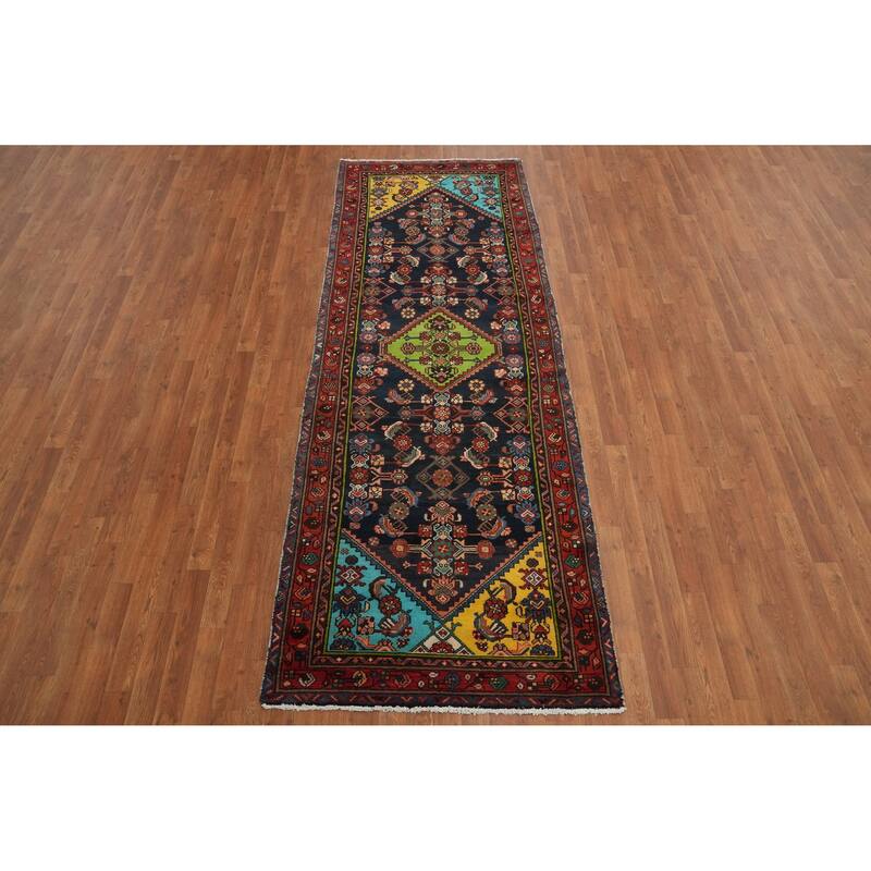Hand Knotted Oriental 100% Wool Carpet Traditional Geometric Navy Blue & Blues Hamedan Runner Rug - 9' 7'' X 3' 6''