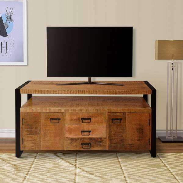 slide 2 of 8, 60 Inch 2 Door Mango Wood Media Console TV Stand, 3 Drawers, Brown and Black