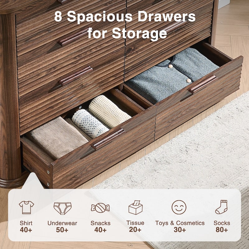 Fluted 8 Drawer Dresser, 52" Wide Modern Wood Dresser for Bedroom, Chest of Drawers with Curved Profile Design