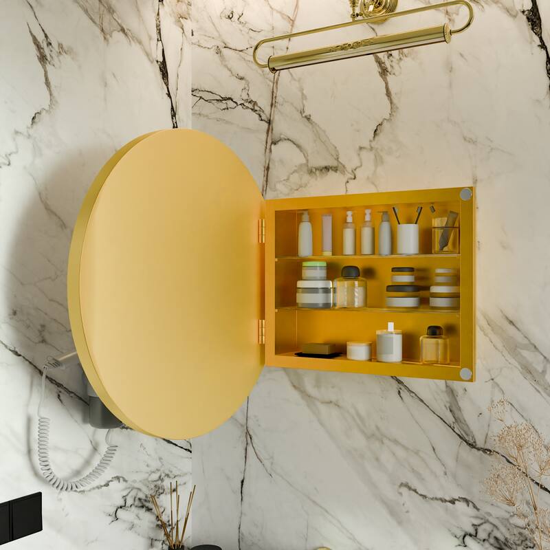 23.6 Inch Surface Mount Round Medicine Cabinet with Mirror and Adjustable Shelves Black Wall Mirror with Storage for Bathroom