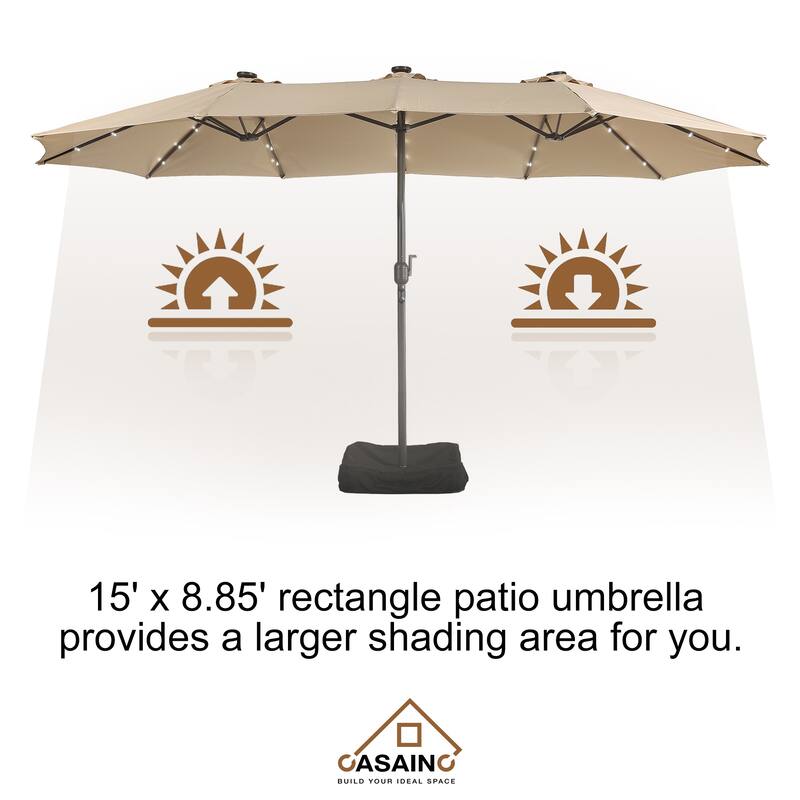 15-ft. Rectangular Crank Double-sided Outdoor Market Umbrella Solar LED Lighted Patio Umbrella with Base Included