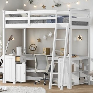 Wood Twin Size Loft Bed with Drawers and Storage Shelves, Children Bed Frame with U-Shaped Desk for Bedroom, White