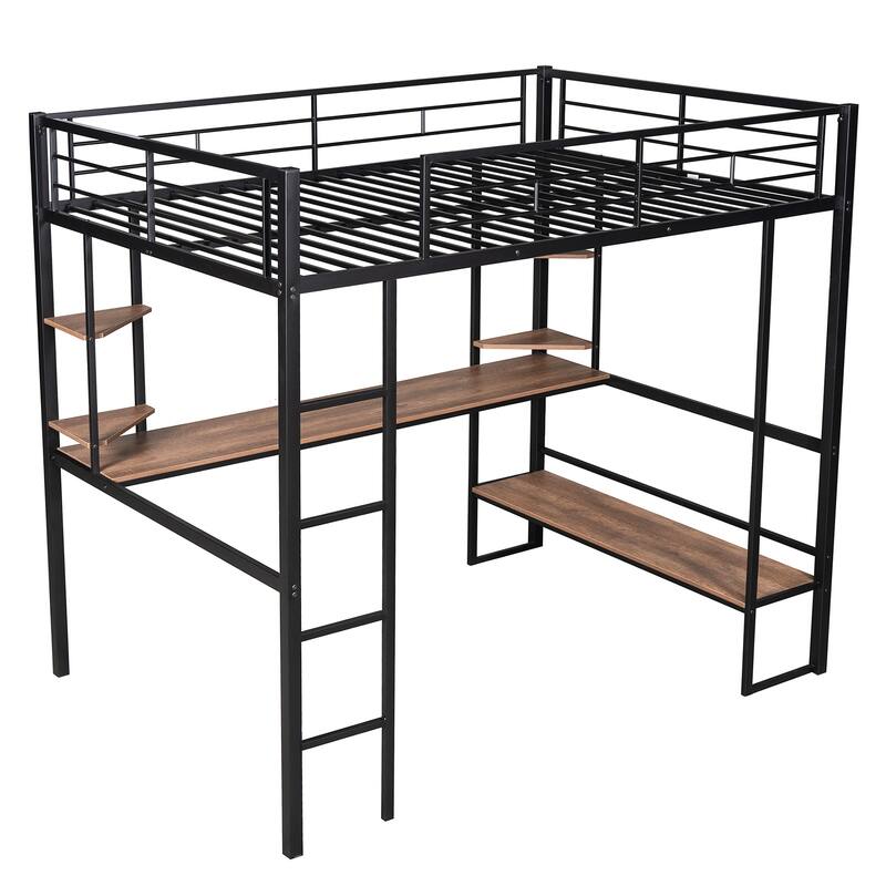Full Size Metal Loft Bed with Long Desk and Shelves