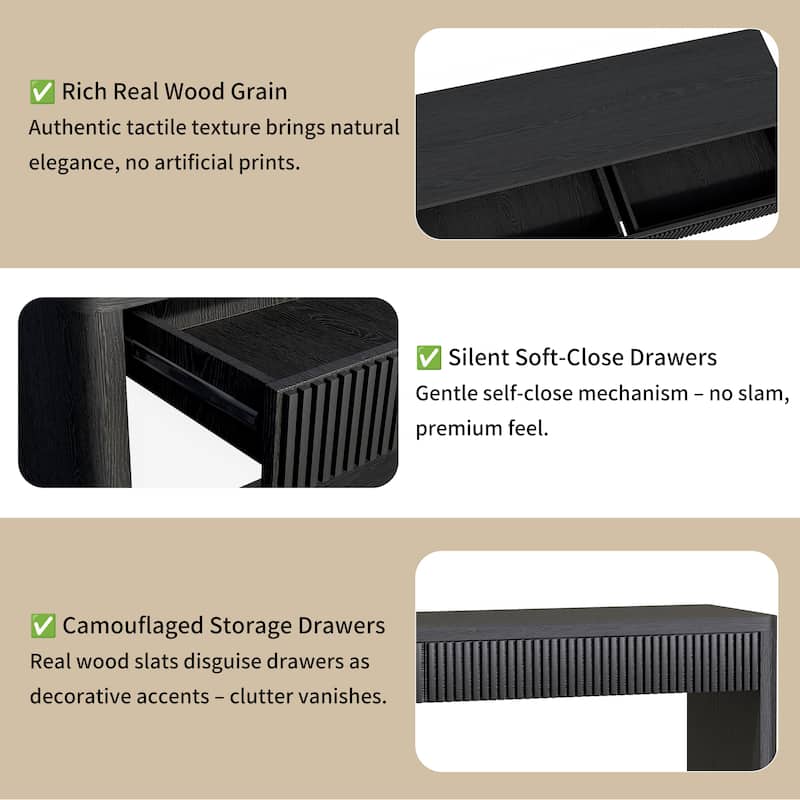 60" Modern 2-Drawer Fluted Console Table Natural Wood Veneer Sofa Table Behind Couch Table for Living Room