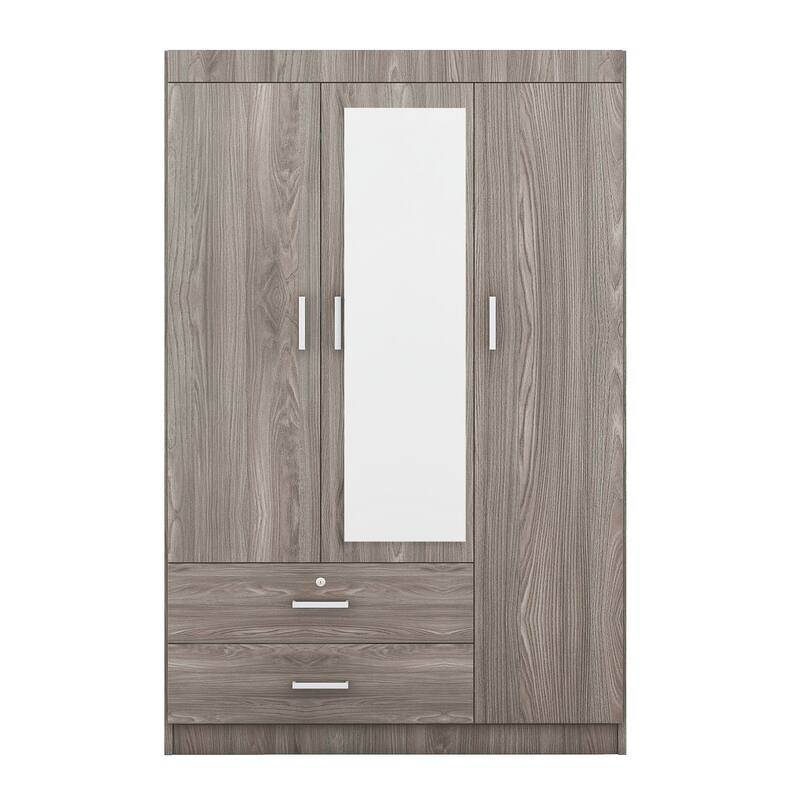 3-Door Wardrobe Armoires with 2 Drawers & Full-Length Mirror, Gray