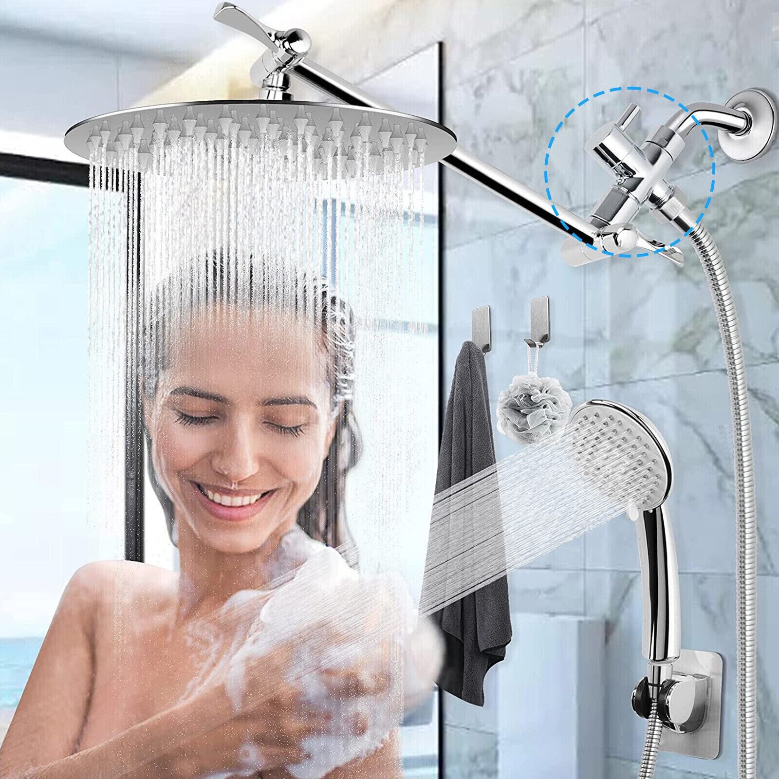 3-Way T-Adapter Shower Diverter – Adjustable ABS Construction With Ceramic Disc Cartridge, Fits Standard Shower Arms – Switch Between Fixed Head, Hand Shower, Or Both