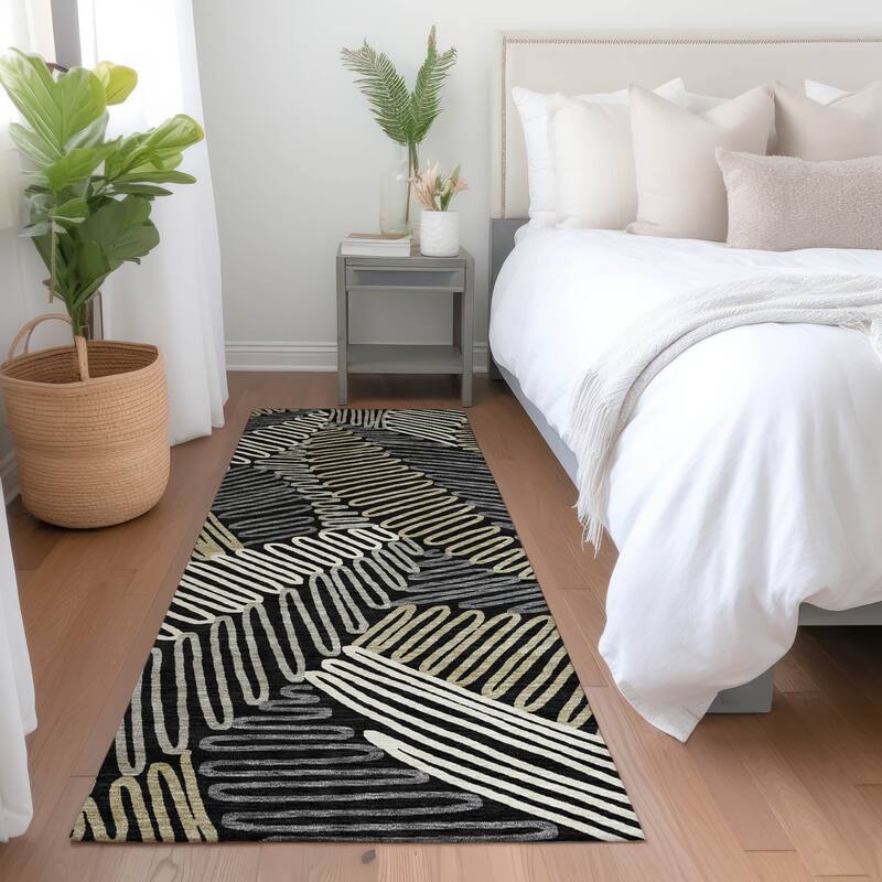 Premium Washable Super Soft Contemporary Leaf Mayfield Rug - Black - 2'3" x 7'6"