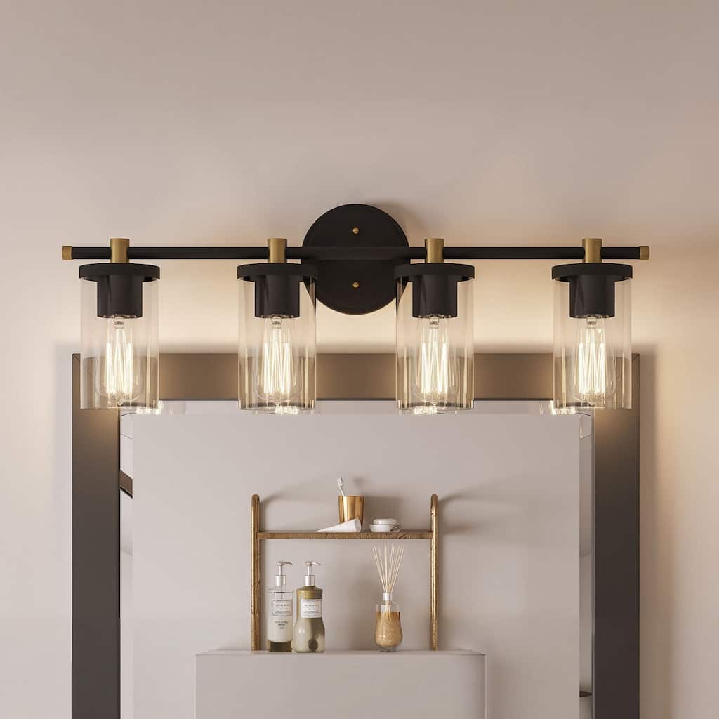 Decatur Black Gold 4-Light Modern Vanity Lights Bathroom Light Fixture with Cylinder Shades
