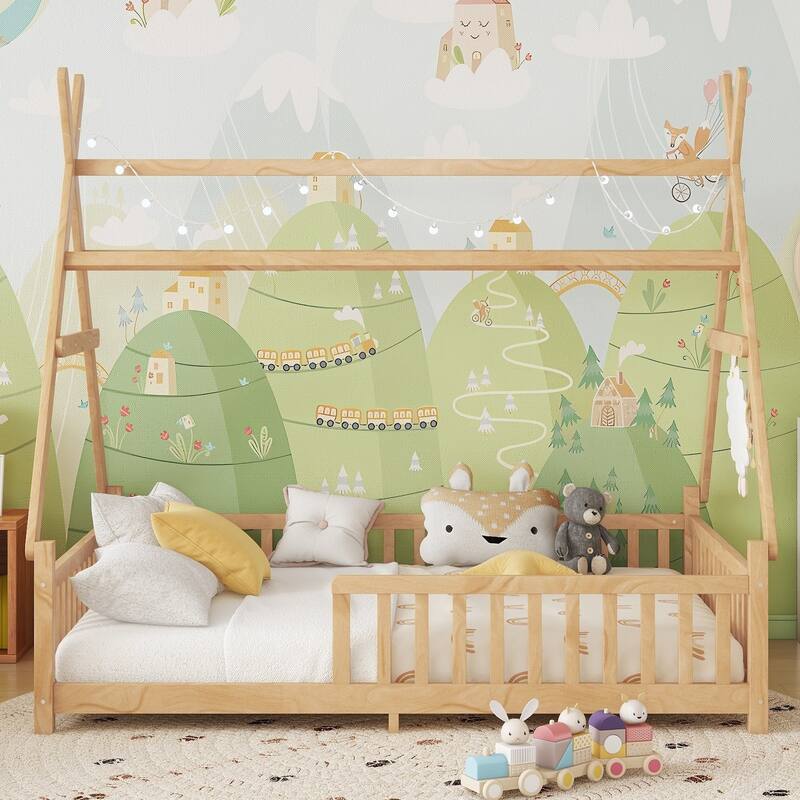 Full House Bed with Light, Low Floor Design, Fence and Roof for Kids, Natural Wood Finish