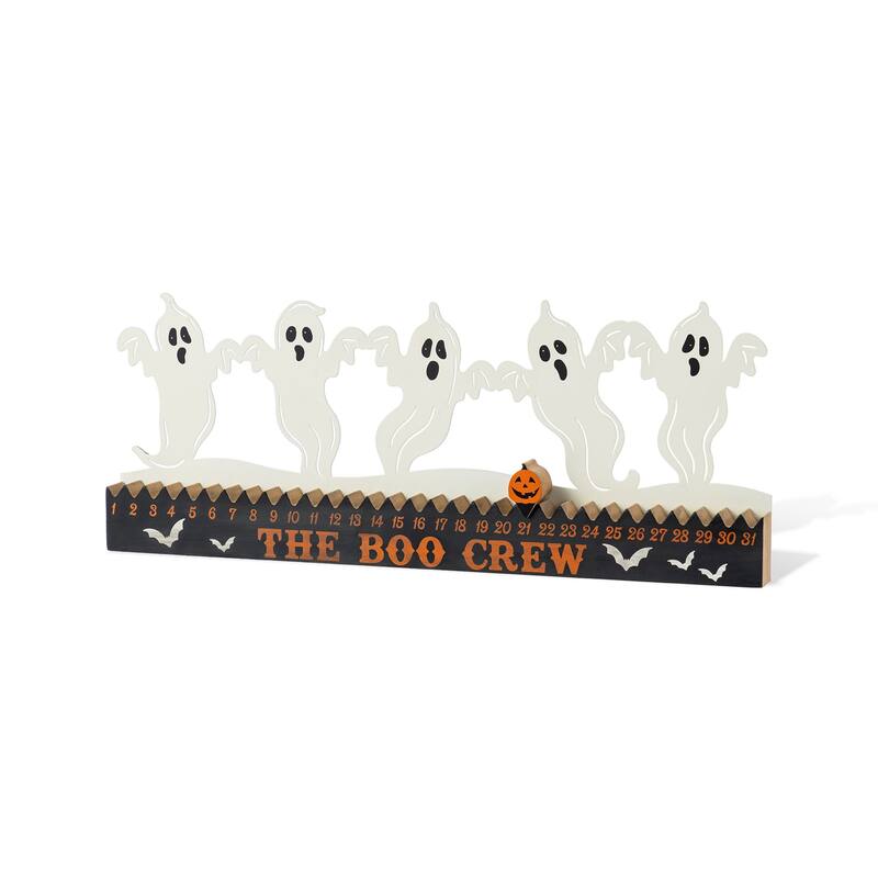 Glitzhome 18"L Happy Halloween Wooden Metal Dancing Witch or Ghost Countdown Calendar Table Decor