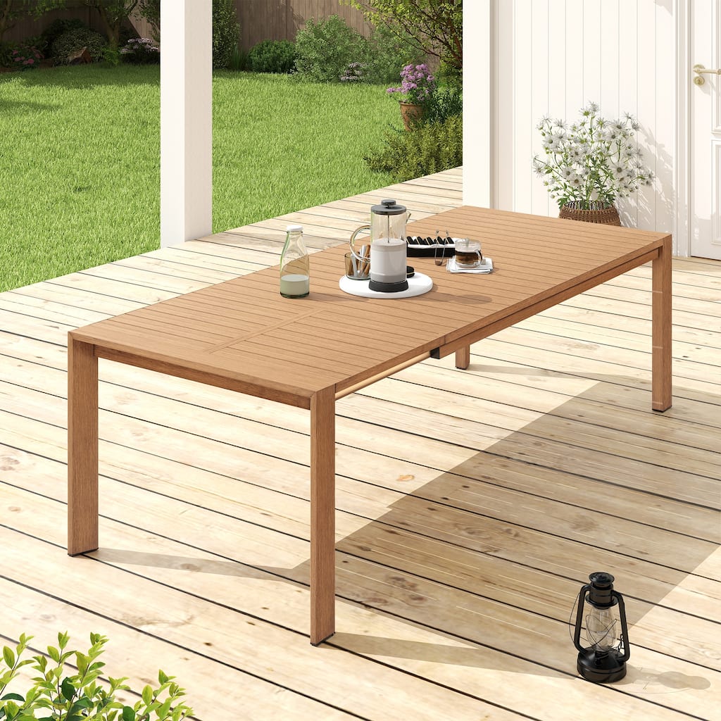 SleekExt Natural Wood-Tone Finish 100% Aluminum Outdoor Dining Table with Extension