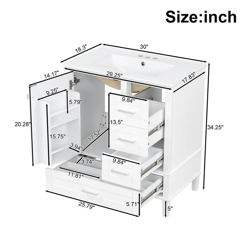GDFStudio - Lumia Transitional Space Saving Freestanding Bathroom Vanity Cabinet with Ceramic Sink and Soft Close Storage