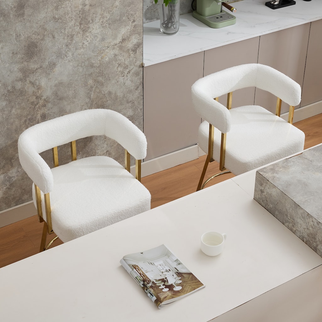 Decorative chair, living room chair with gold metal legs for dressing area, Teddy fleece upholstered metal foot sofa 2PC white