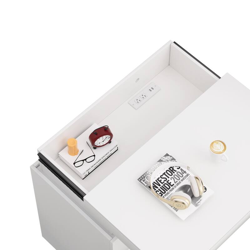 White Accent Table Nightstand with Charging Station and LED Lights, End Table Side Table with Drawers