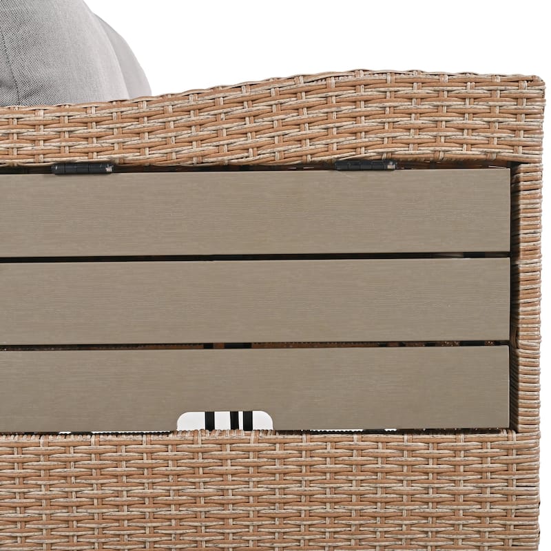 Roomfitters 5-Piece Outdoor Rattan Sofa Set, Patio Sectional Furniture with Dining Table, Storage Bench, Side Trays
