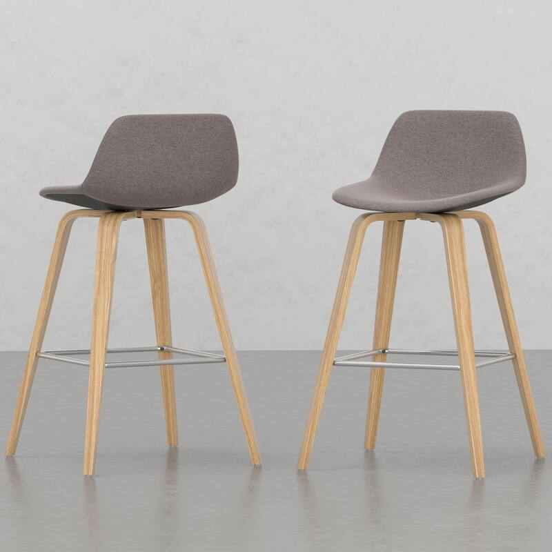 Set of 2 Harvard Bentwood Bar Stools with Curved Back and Upholstered Seat, Mid-Century Modern Design - Mocha