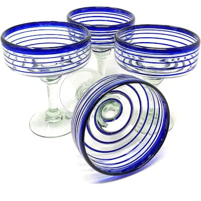 Dos SueÃ±os Mexican Hand Blown Glass - Set of 4 Hand Blown Margarita Glasses (16 oz) with Blue Spiral Design