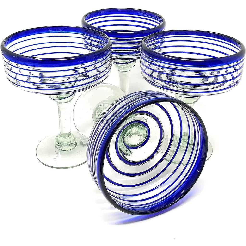Dos SueÃ±os Mexican Hand Blown Glass - Set of 4 Hand Blown Margarita Glasses (16 oz) with Blue Spiral Design