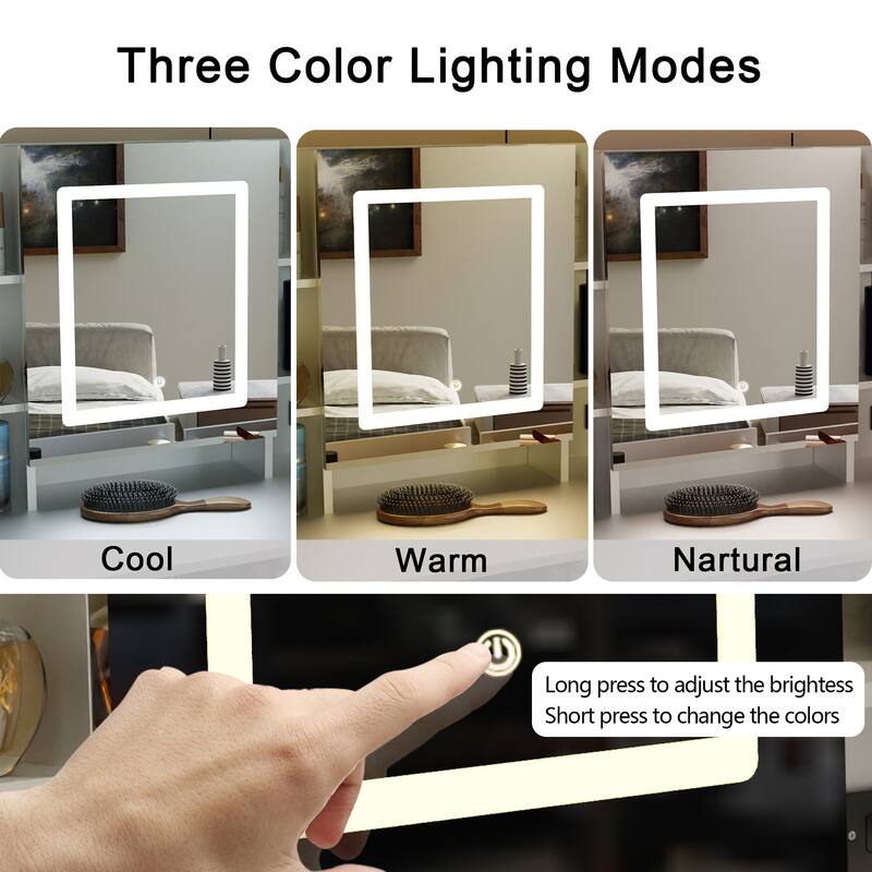 Farmhouse Vanity Desk with Sliding Mirror, LED Lights, Charging Station, 11 Drawers & Soft Stool, White Makeup Table