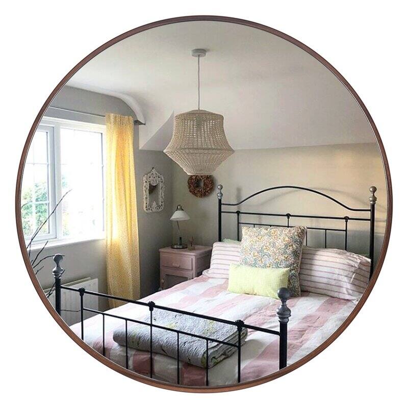 Wall Round Mirror 30'' Modern Brushed Metal Frame Wall-Mounted