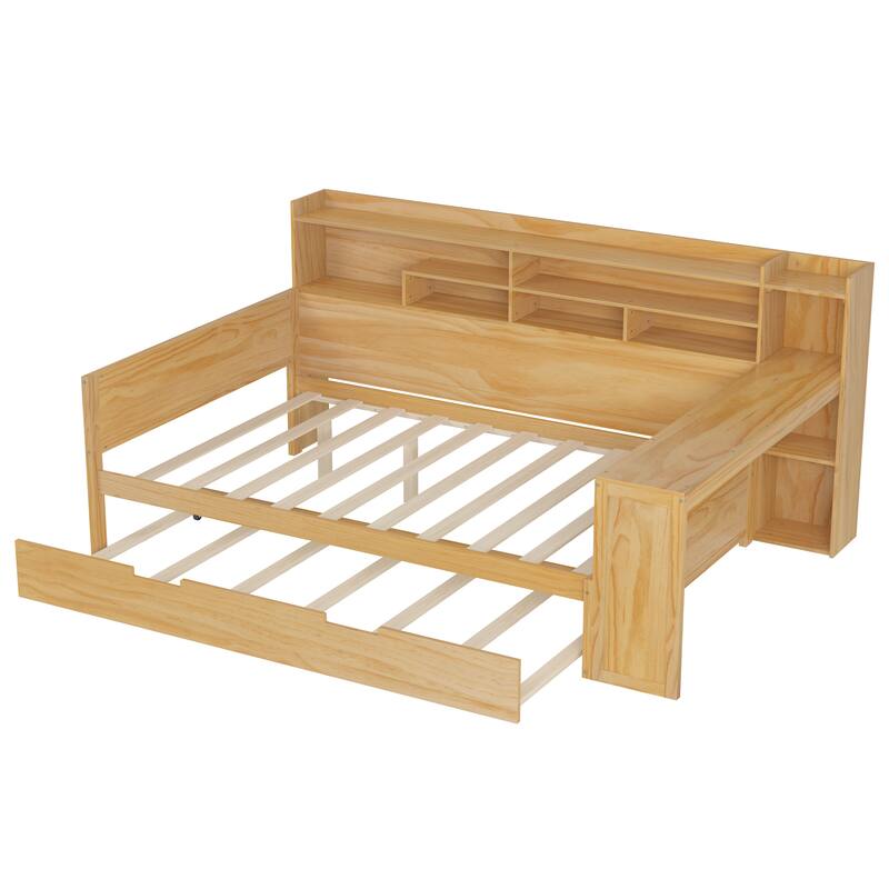 Wooden Daybed Platform Bed with Recessed Desk Storage Shelves and Twin Size Trundle Bed Under Bed for Compact Spaces, Bedroom