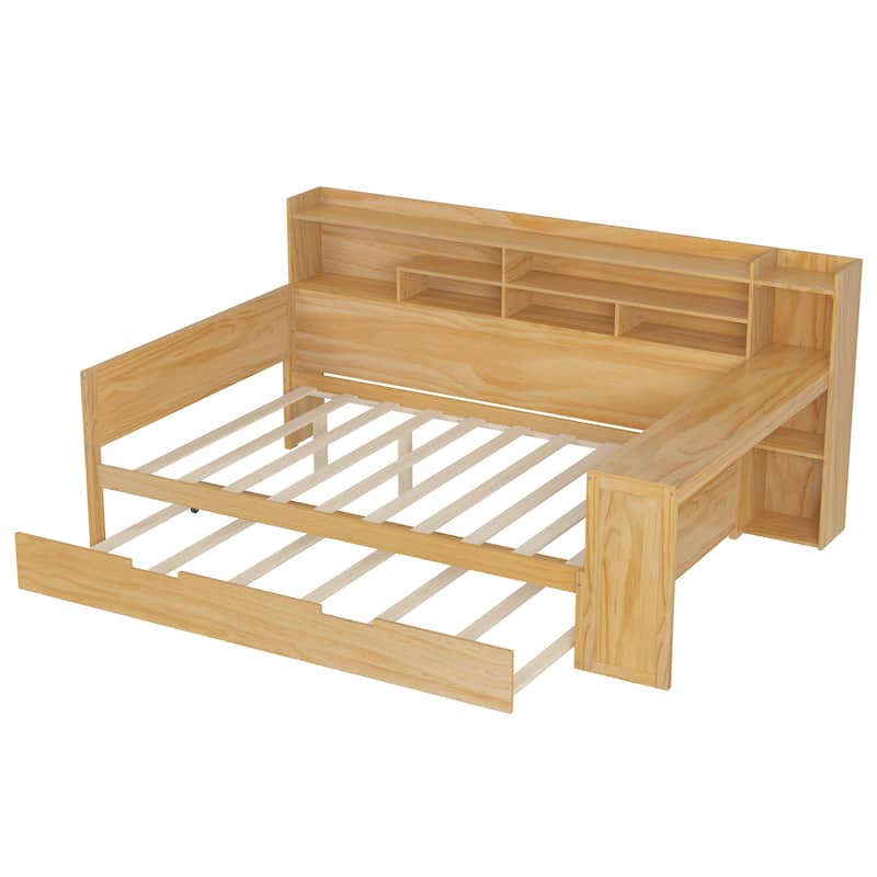 Wooden Full Size Daybed with Storage Shelves, Multi-functional Bed with Twin Size Trundle Bed and Study Desk, Natural