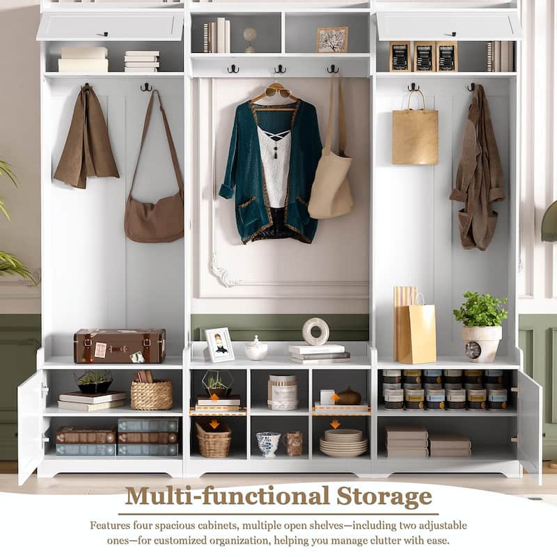 79.1'' Wide Modern Hall Tree with 8 Cubbies, 7 Coat Hooks & Adjustable Shelf