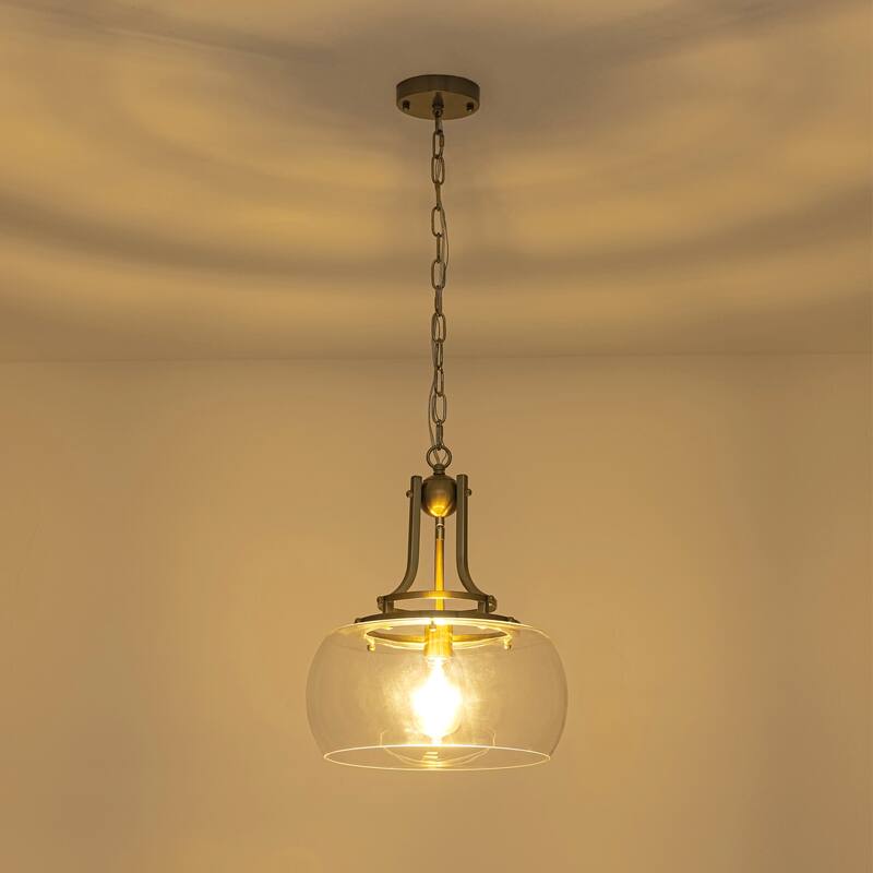 13.8" W Mid-Century Modern Rustic Gold Dome Design Ceiling Pendant with Clear Glass Shade for Dining Room, Kitchen Island, Foyer