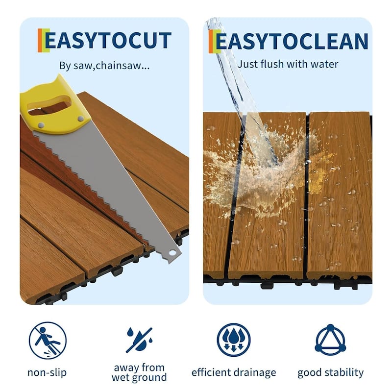 48-Pack All-Weather Plastic Wood-Grain 12"X12" Composite Interlock Deck Tiles Flooring