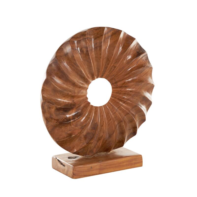 Brown Teak Wood Handmade Dimensional Circular Abstract Decorative Sculpture with Center Cutout